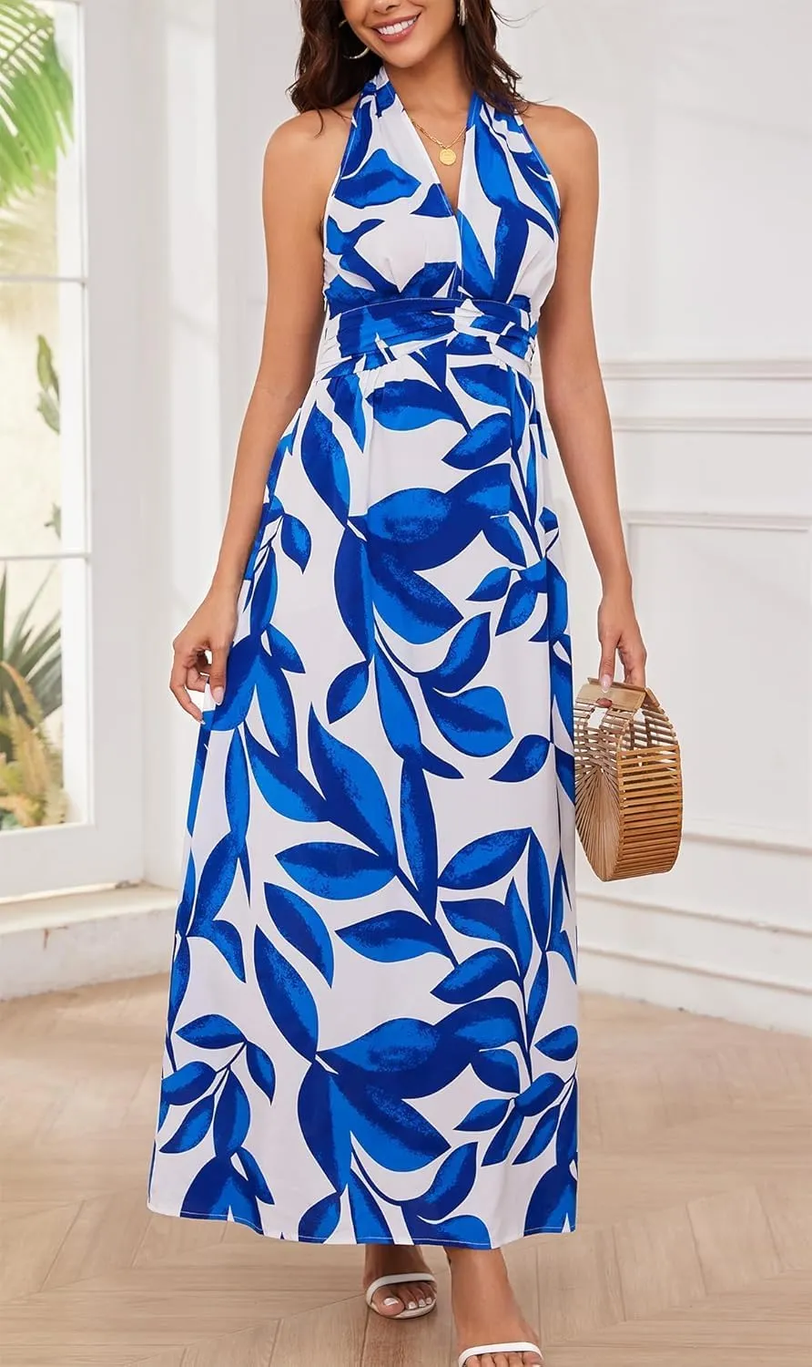 Floral Dress for Women Halter Neck Sleeveless 2025 Summer Sundress Swing Beach Long Maxi Dress Casual Flowy Ladies Outfits