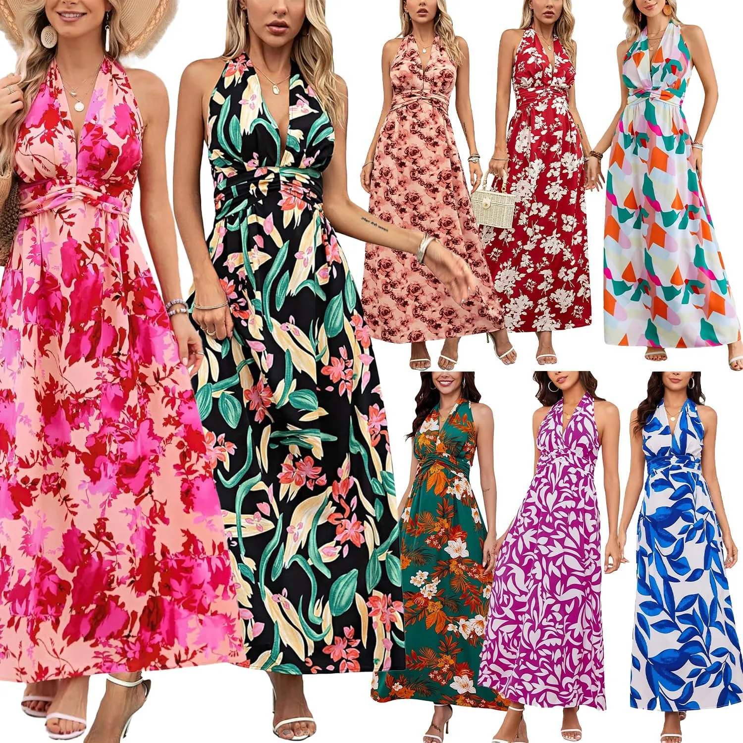 Floral Dress for Women Halter Neck Sleeveless 2025 Summer Sundress Swing Beach Long Maxi Dress Casual Flowy Ladies Outfits