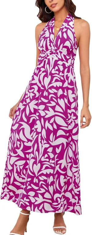 Floral Dress for Women Halter Neck Sleeveless 2025 Summer Sundress Swing Beach Long Maxi Dress Casual Flowy Ladies Outfits