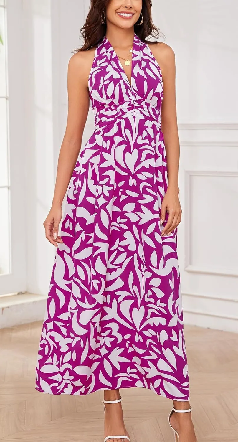 Floral Dress for Women Halter Neck Sleeveless 2025 Summer Sundress Swing Beach Long Maxi Dress Casual Flowy Ladies Outfits