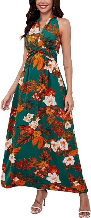 Floral Dress for Women Halter Neck Sleeveless 2025 Summer Sundress Swing Beach Long Maxi Dress Casual Flowy Ladies Outfits