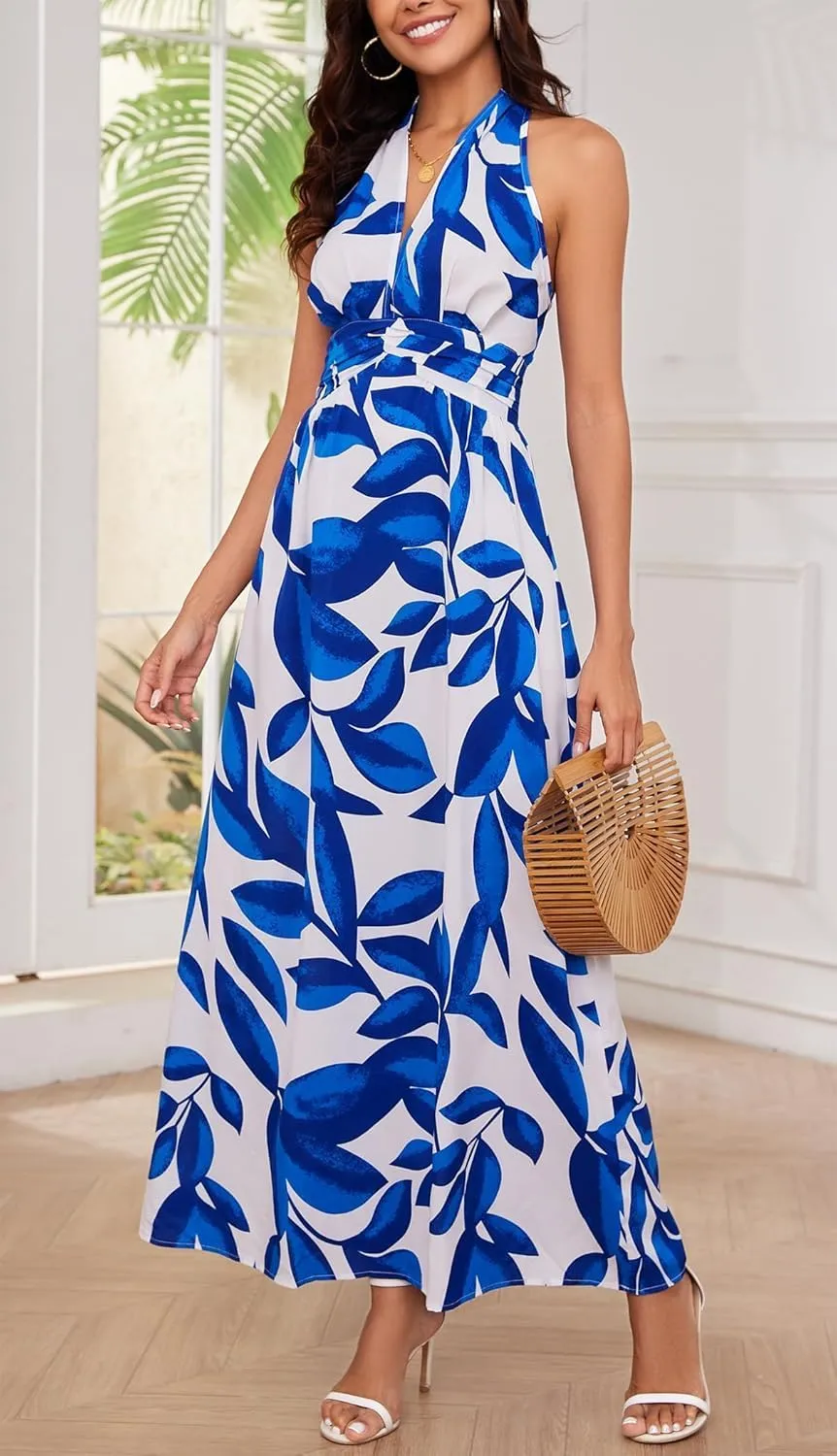 Floral Dress for Women Halter Neck Sleeveless 2025 Summer Sundress Swing Beach Long Maxi Dress Casual Flowy Ladies Outfits