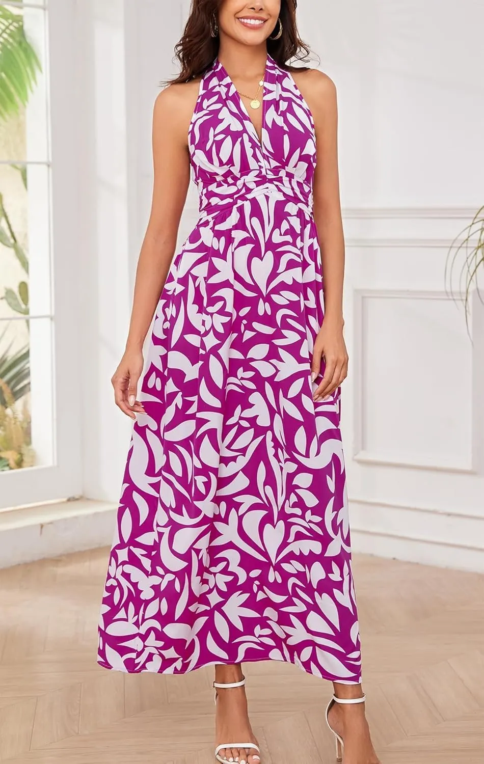 Floral Dress for Women Halter Neck Sleeveless 2025 Summer Sundress Swing Beach Long Maxi Dress Casual Flowy Ladies Outfits