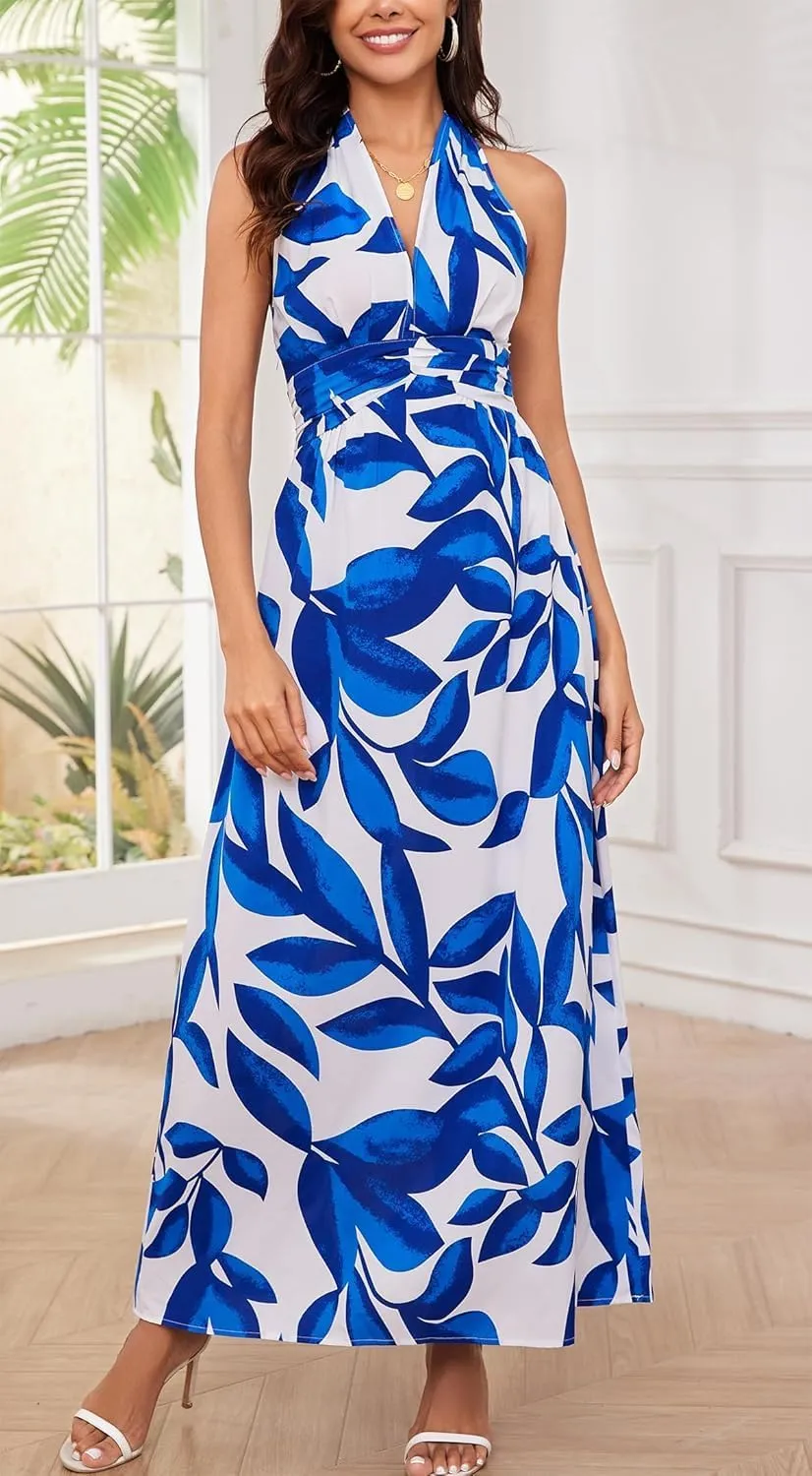 Floral Dress for Women Halter Neck Sleeveless 2025 Summer Sundress Swing Beach Long Maxi Dress Casual Flowy Ladies Outfits
