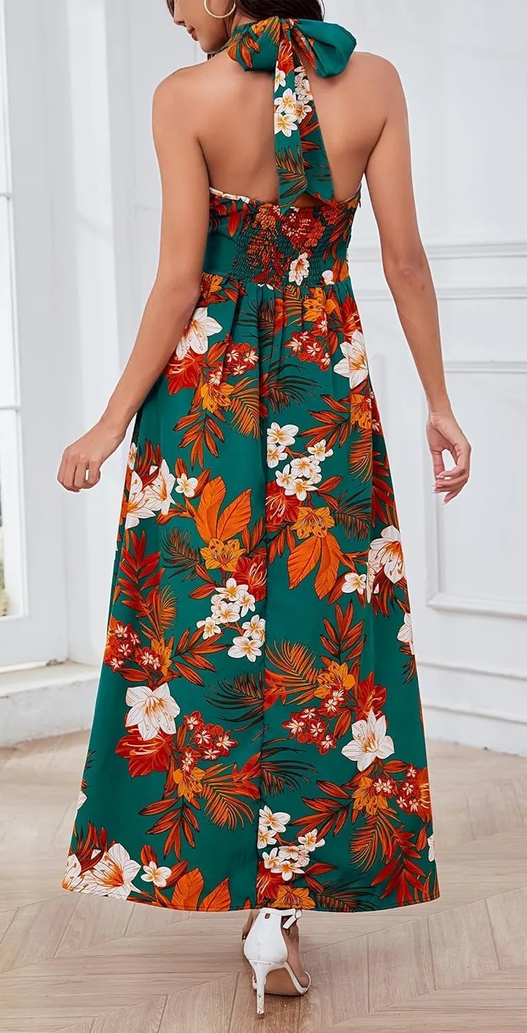 Floral Dress for Women Halter Neck Sleeveless 2025 Summer Sundress Swing Beach Long Maxi Dress Casual Flowy Ladies Outfits