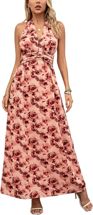 Floral Dress for Women Halter Neck Sleeveless 2025 Summer Sundress Swing Beach Long Maxi Dress Casual Flowy Ladies Outfits