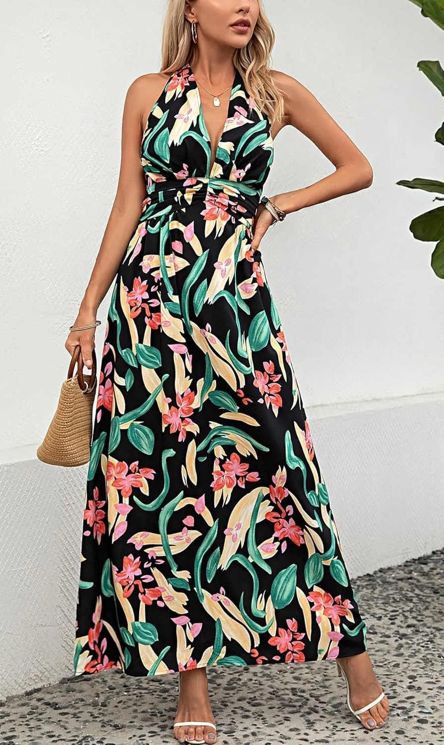 Floral Dress for Women Halter Neck Sleeveless 2025 Summer Sundress Swing Beach Long Maxi Dress Casual Flowy Ladies Outfits