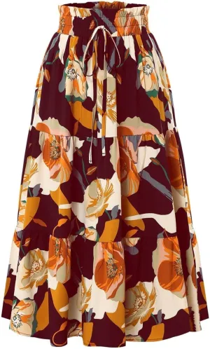 Floral Maxi Skirt for Women Summer Boho Tiered Elastic High Waisted Skirts Vacation A-Line Flowy Swing Long Skirts
