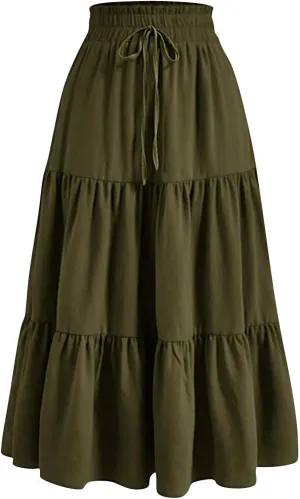 Floral Maxi Skirt for Women Summer Comfy Tiered Elastic High Waisted Skirts Vacation A-Line Flowy Swing Long Skirts