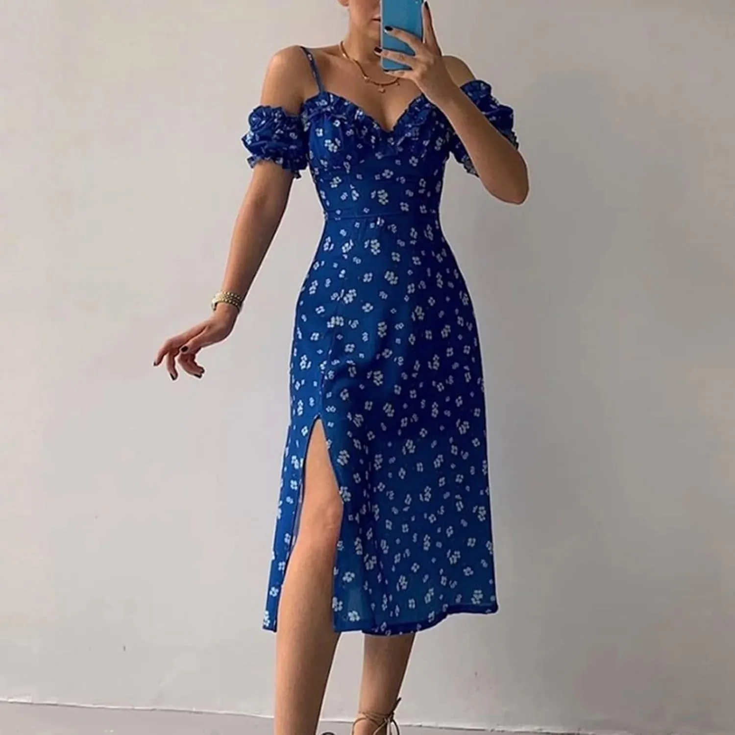 Floral Midi Corset Dress Boho Flowy Slit Lace Up Summer Dresses for Women Spaghetti Strap Dress Going Out Sundress
