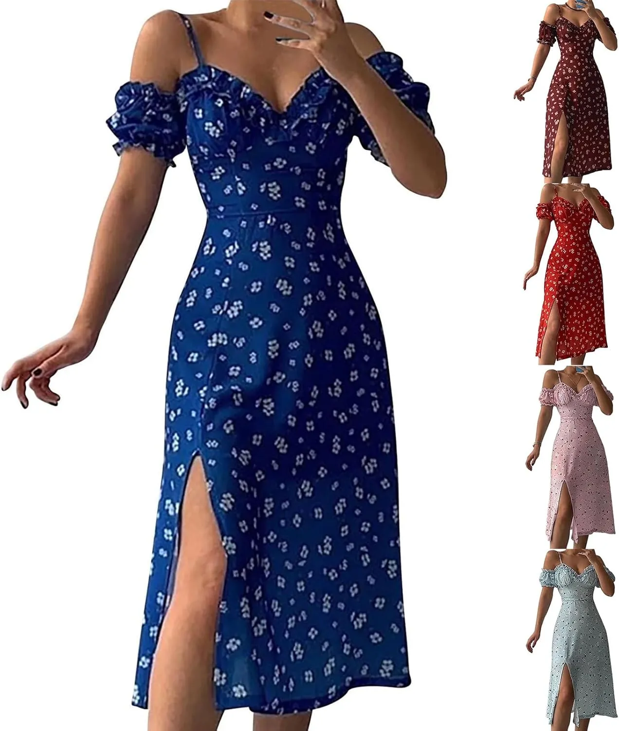 Floral Midi Corset Dress Boho Flowy Slit Lace Up Summer Dresses for Women Spaghetti Strap Dress Going Out Sundress