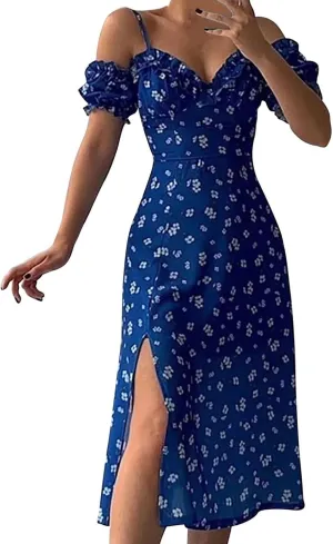 Floral Midi Corset Dress Boho Flowy Slit Lace Up Summer Dresses for Women Spaghetti Strap Dress Going Out Sundress