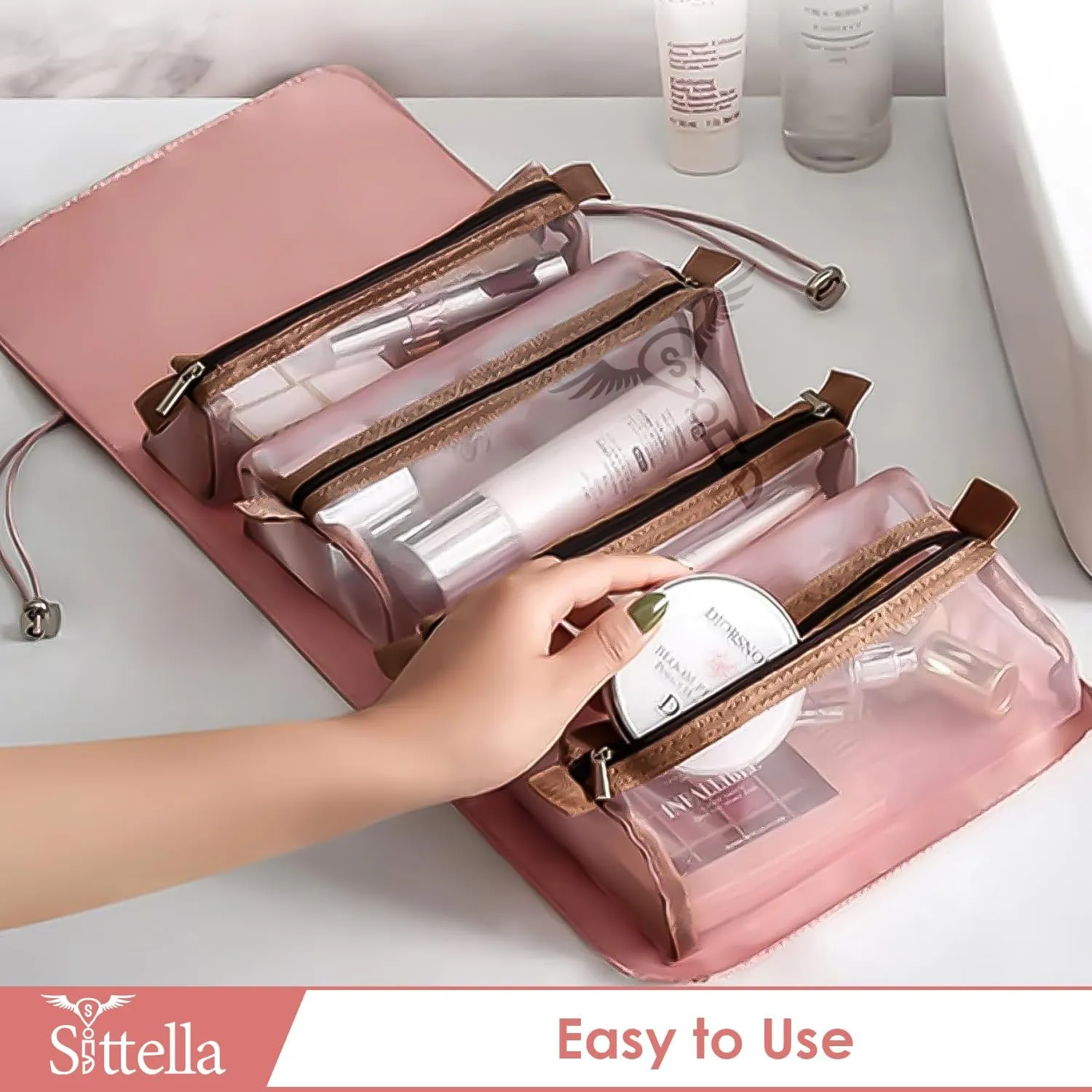 Foldable Hanging Cosmetic Storage Toiletry Bag for Women Travel, Pink, 1 Piece, Travel Accessories