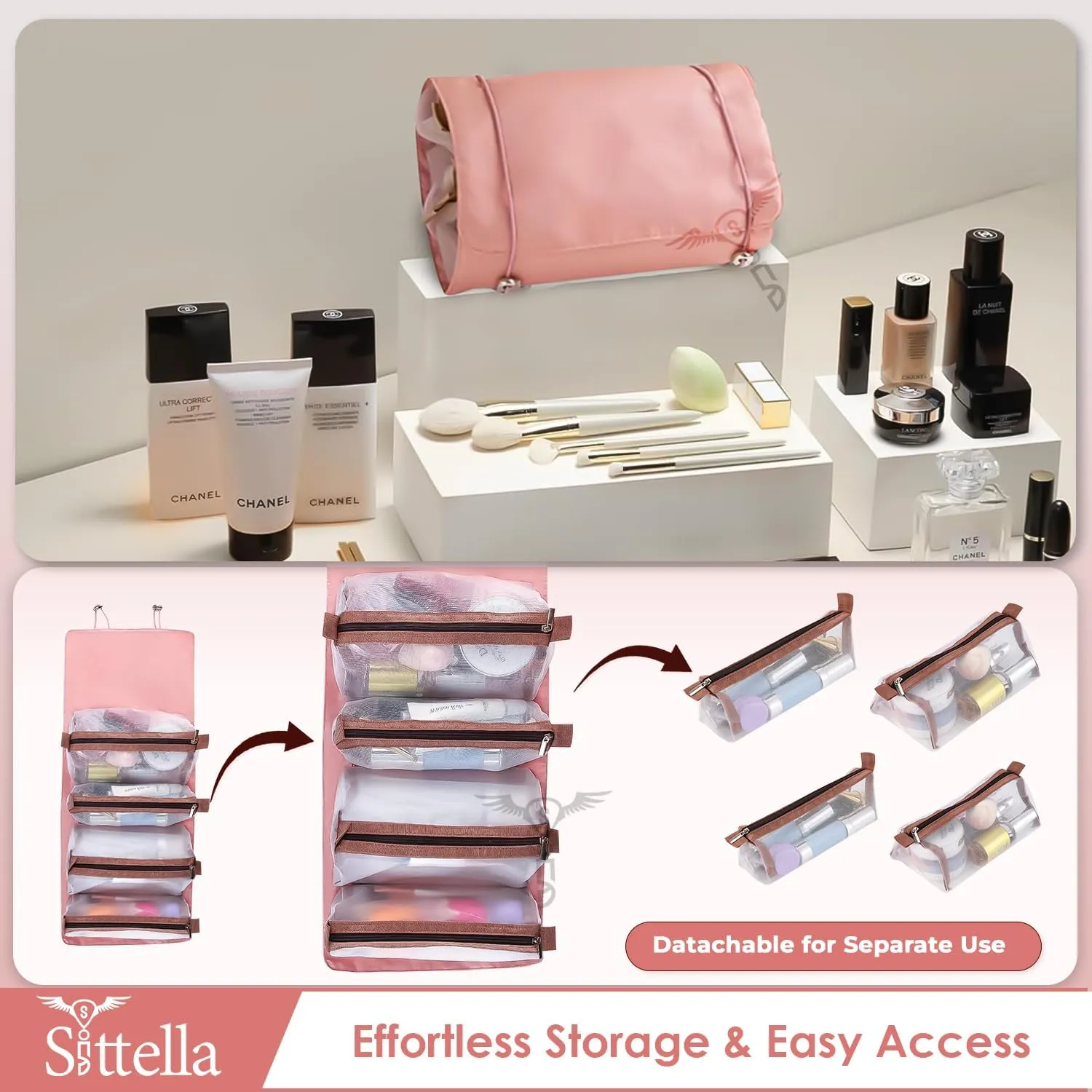 Foldable Hanging Cosmetic Storage Toiletry Bag for Women Travel, Pink, 1 Piece, Travel Accessories