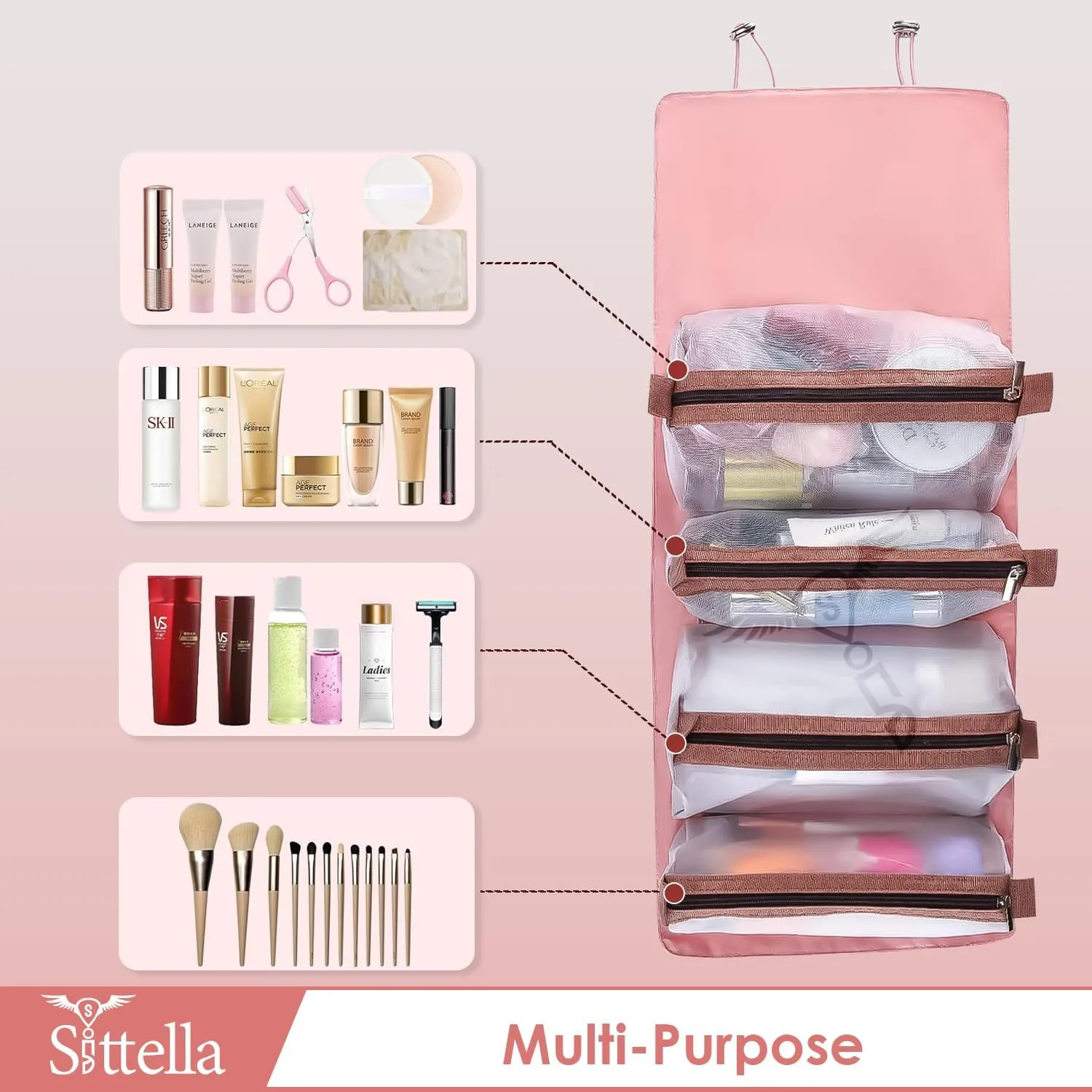 Foldable Hanging Cosmetic Storage Toiletry Bag for Women Travel, Pink, 1 Piece, Travel Accessories