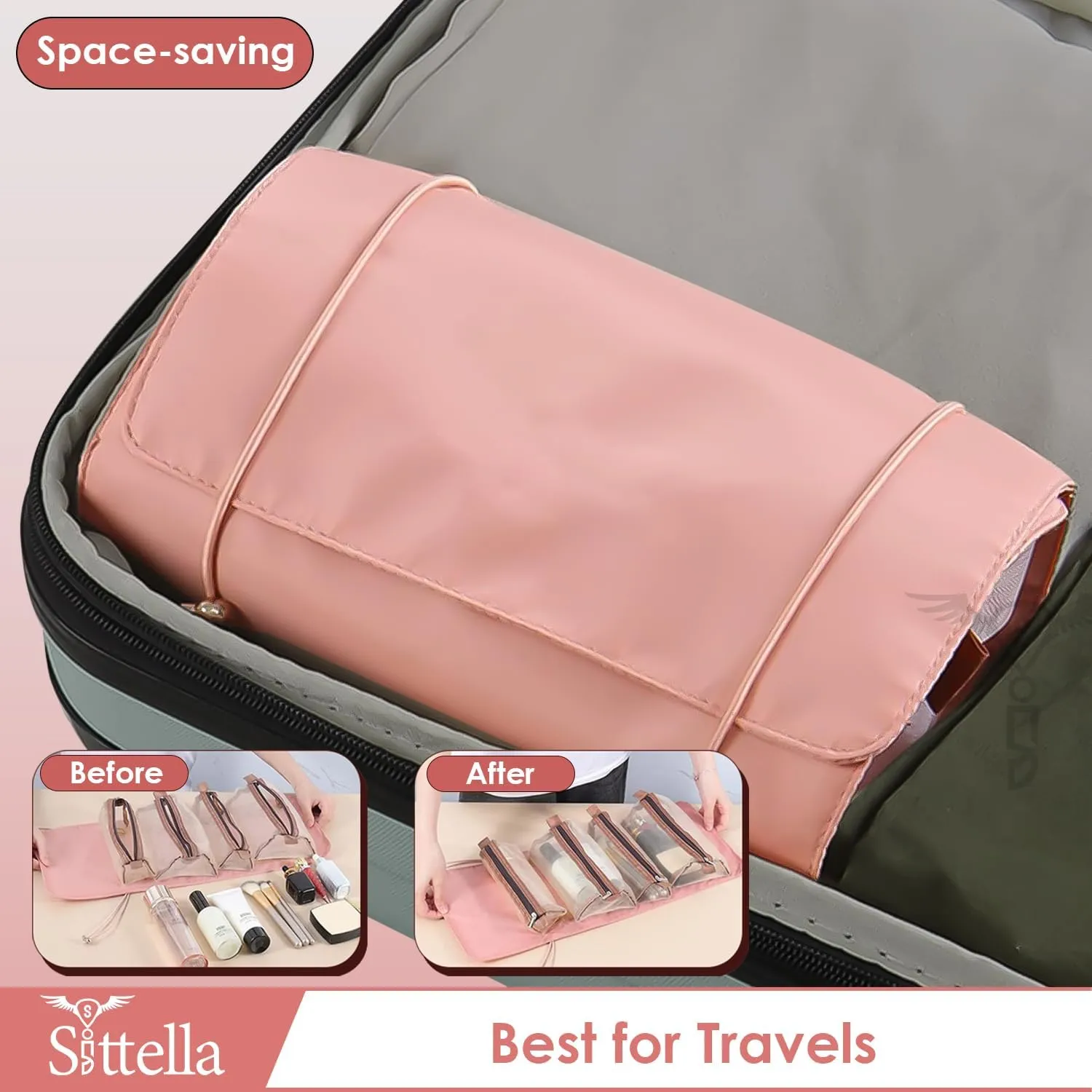 Foldable Hanging Cosmetic Storage Toiletry Bag for Women Travel, Pink, 1 Piece, Travel Accessories