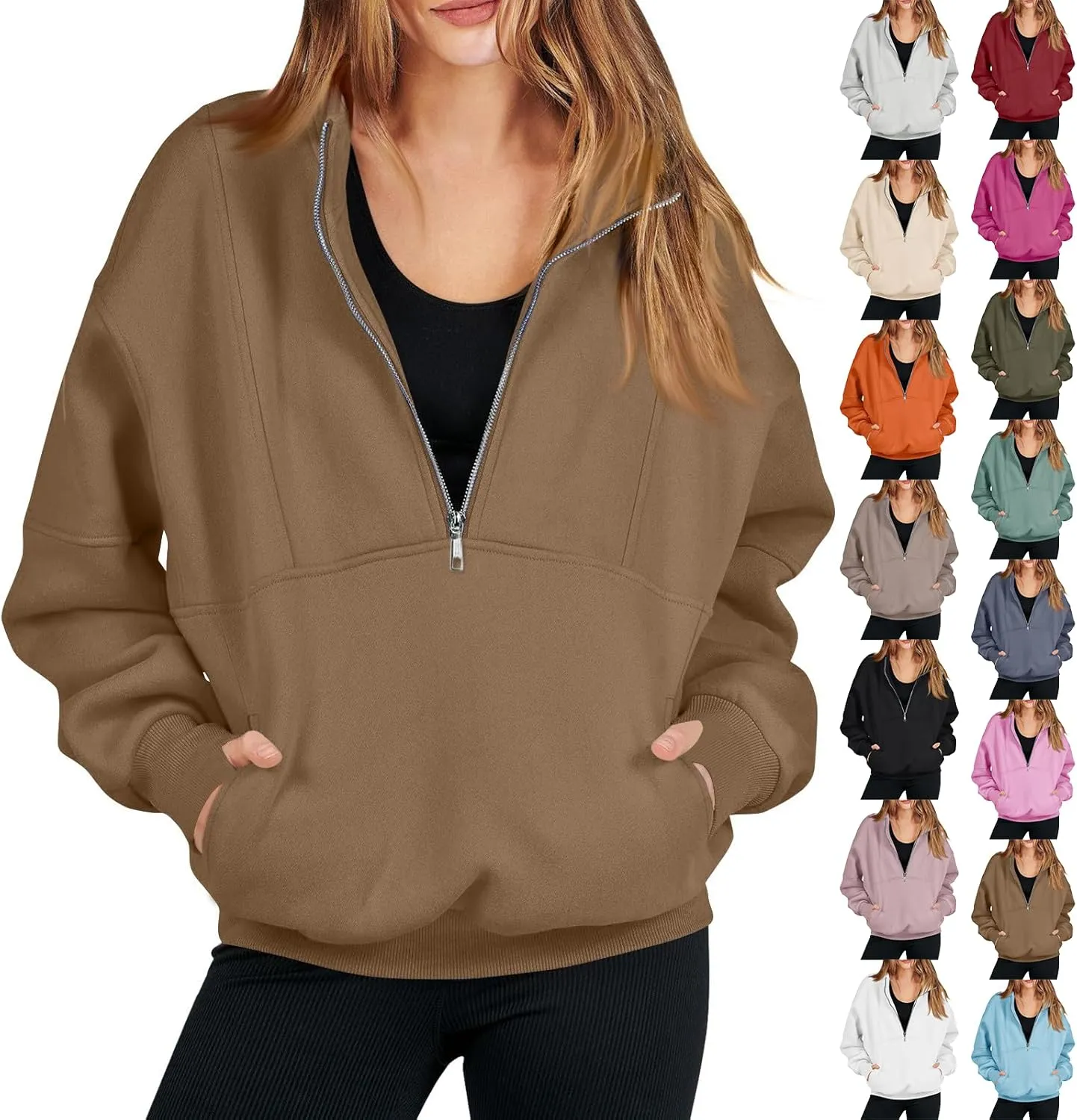 Funnel Neck Half Zip Sweatshirt Women Oversized Thumb Hole Fleece Pullover Lightweight Y2k Zip Up Comfy Hoodie