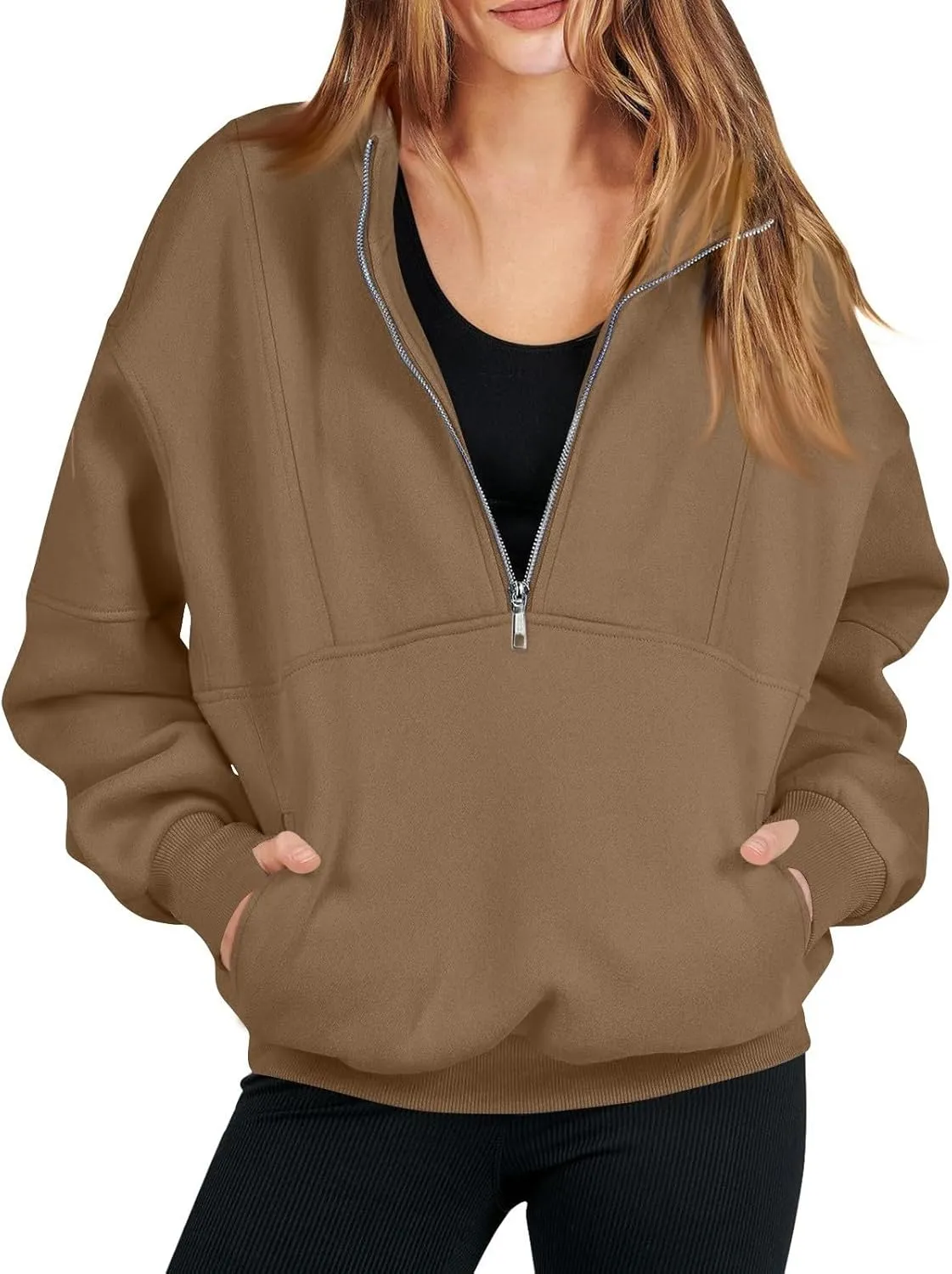 Funnel Neck Half Zip Sweatshirt Women Oversized Thumb Hole Fleece Pullover Lightweight Y2k Zip Up Comfy Hoodie