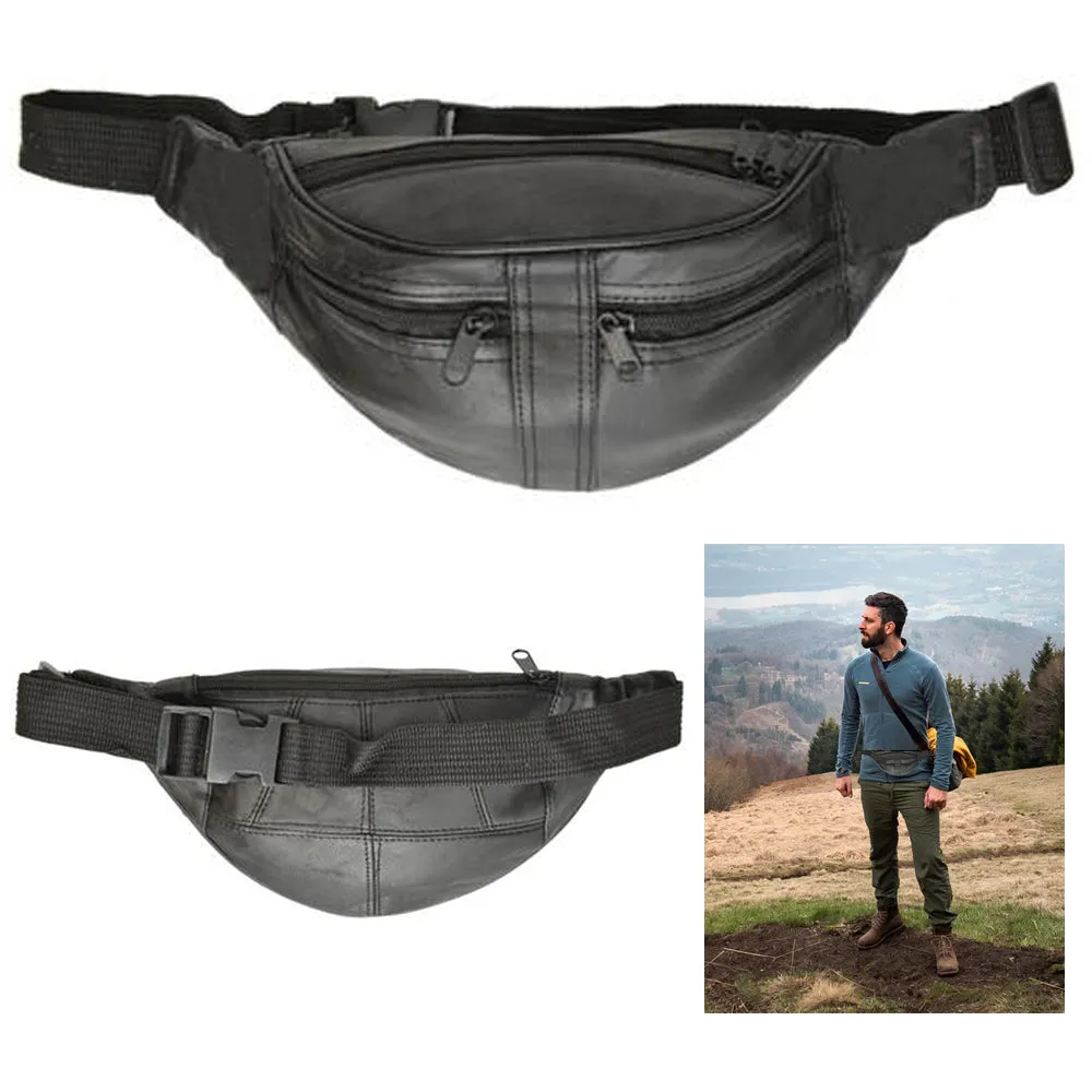 Genuine Leather Black Fanny Pack Waist Bag Hip Belt Pouch Travel Purse Men Women