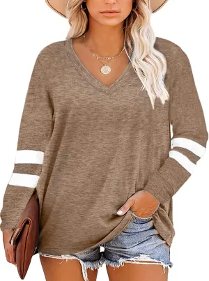 Gloria&Sarah Womens Plus Size Tops V Neck T Shirt Color Block Long Sleeve Casual Tunic Tops
