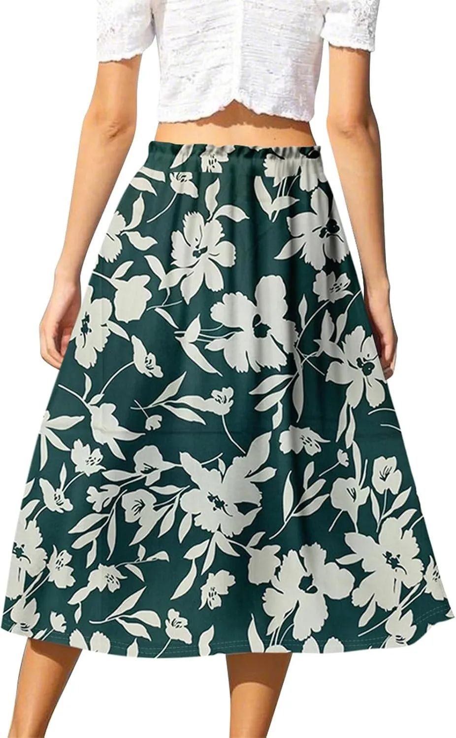 GOFULY Womens Skirts Midi Length Elastic Waist Casual Fall Floral Print A-Line Knee Skirts Drawstring Pleated Skirt