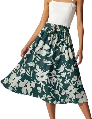 GOFULY Womens Skirts Midi Length Elastic Waist Casual Fall Floral Print A-Line Knee Skirts Drawstring Pleated Skirt