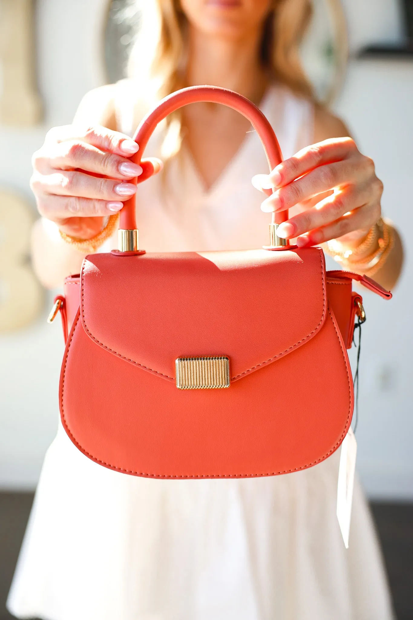 Gold Accent Satchel/Crossbody - Coral