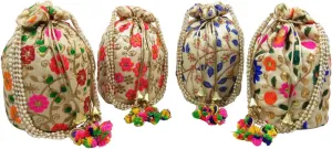 GoldGiftIdeas Pearl Luxurious Potli Bag with Handicraft Thread Work, Potli Pouch for Return Gift, Traditional Potli Bags for Wedding, Fancy Potli Bags for Party(Set of 4)