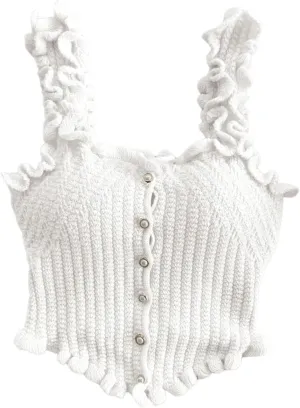 GORGLITTER Women's Pearl Knit Crop Tops Beaded Asymmetrical Button Down Sleeveless Sweater Tank Tops