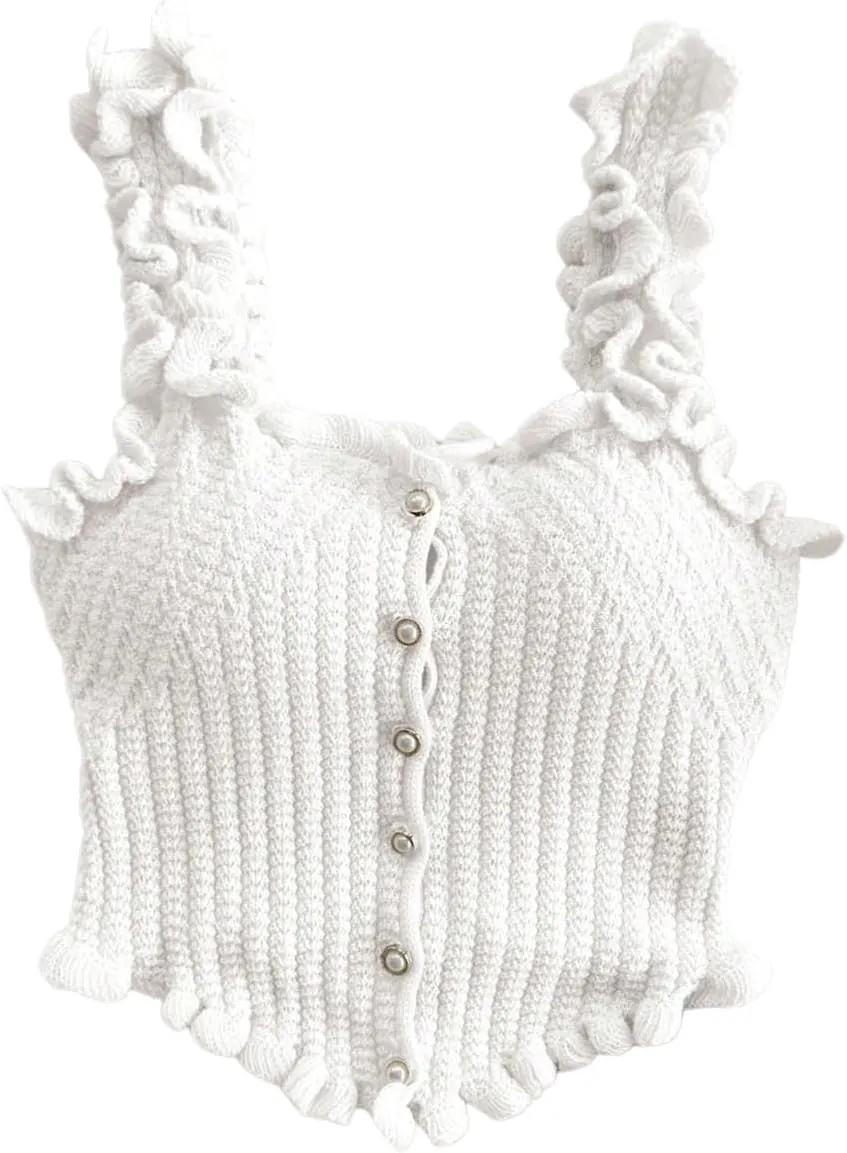 GORGLITTER Women's Pearl Knit Crop Tops Beaded Asymmetrical Button Down Sleeveless Sweater Tank Tops