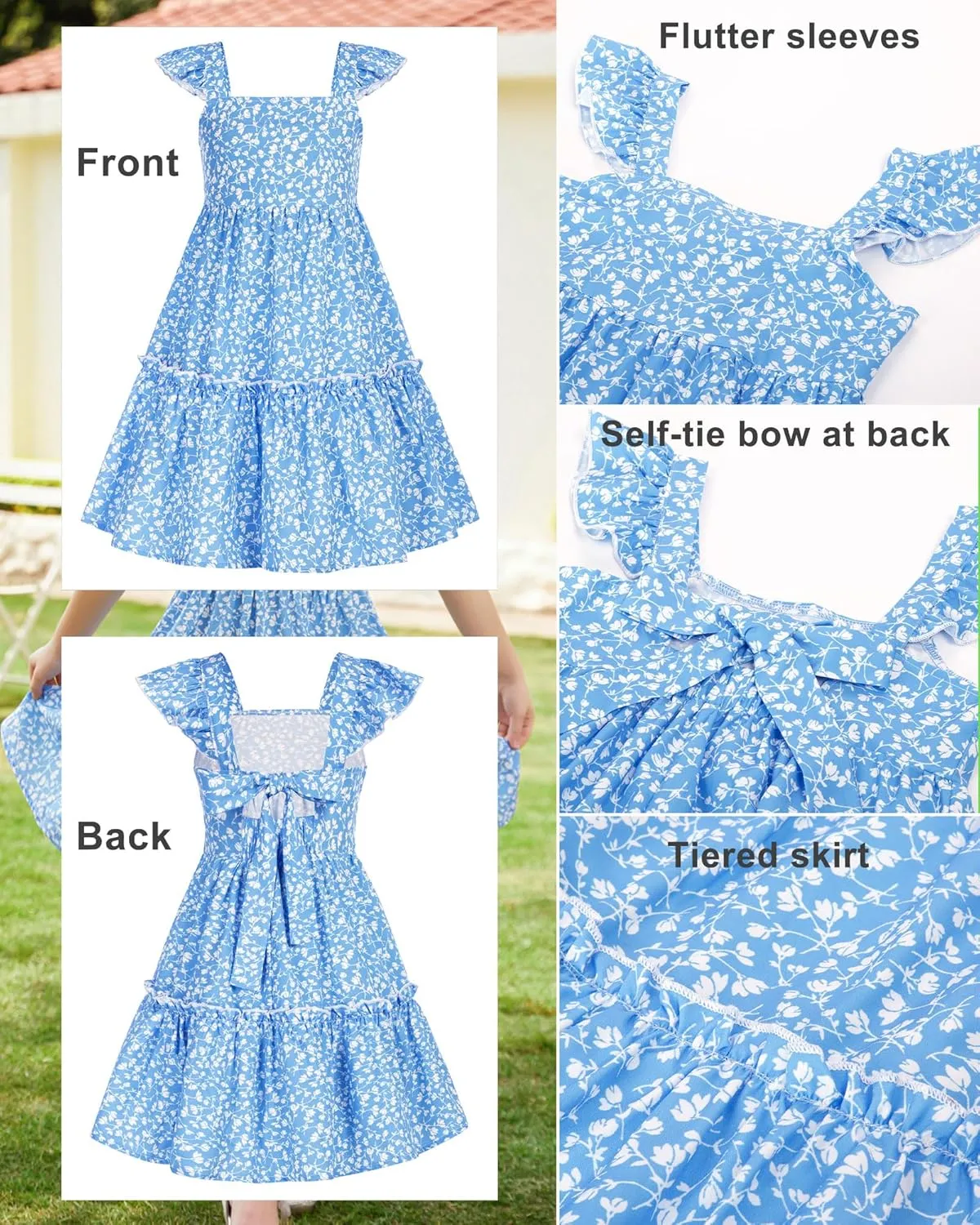 GRACE KARIN Girls Floral Dress Tie Back Flutter Sleeves Casual Summer Dress for 5-12Y