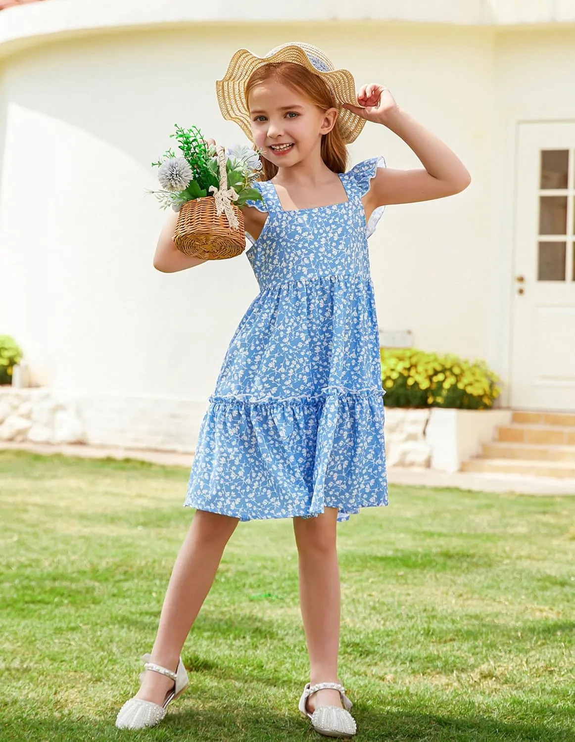 GRACE KARIN Girls Floral Dress Tie Back Flutter Sleeves Casual Summer Dress for 5-12Y