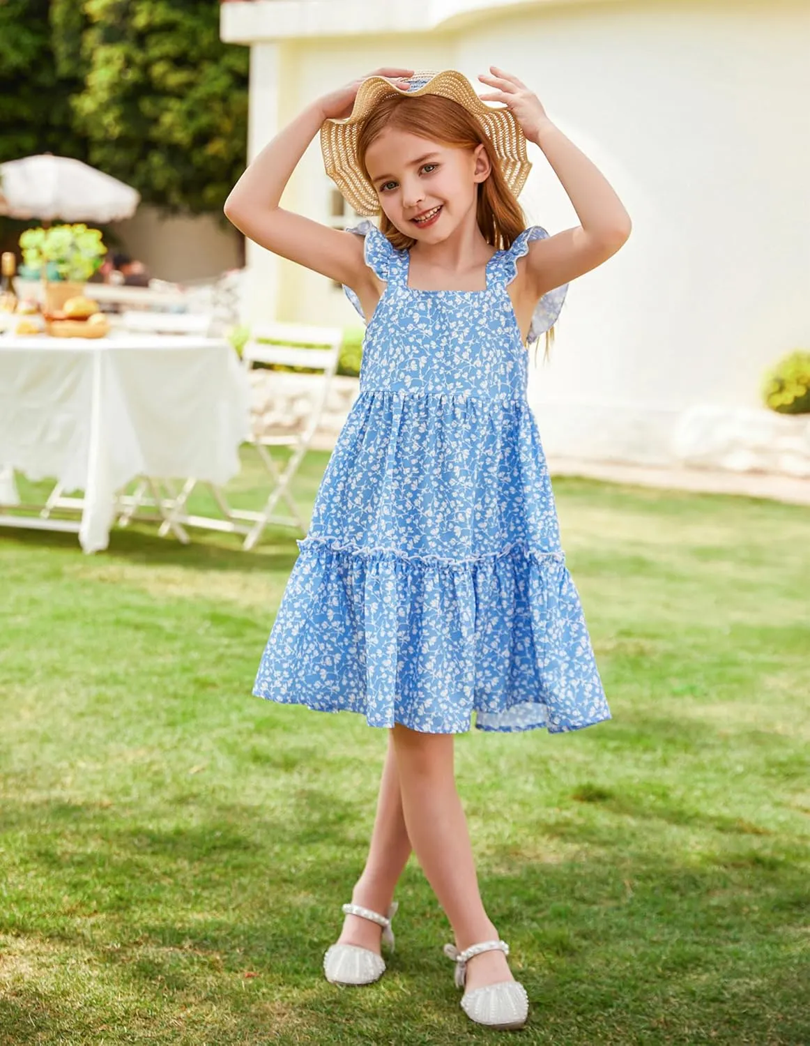 GRACE KARIN Girls Floral Dress Tie Back Flutter Sleeves Casual Summer Dress for 5-12Y