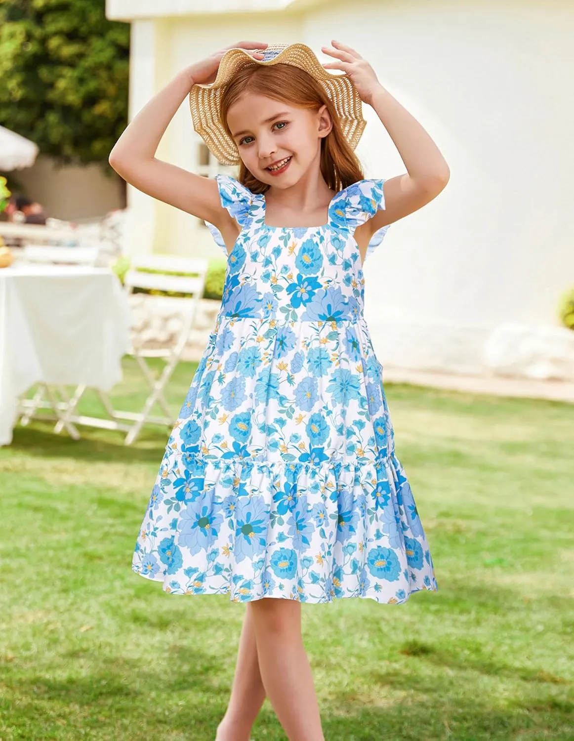 GRACE KARIN Girls Floral Dress Tie Back Flutter Sleeves Casual Summer Dress for 5-12Y