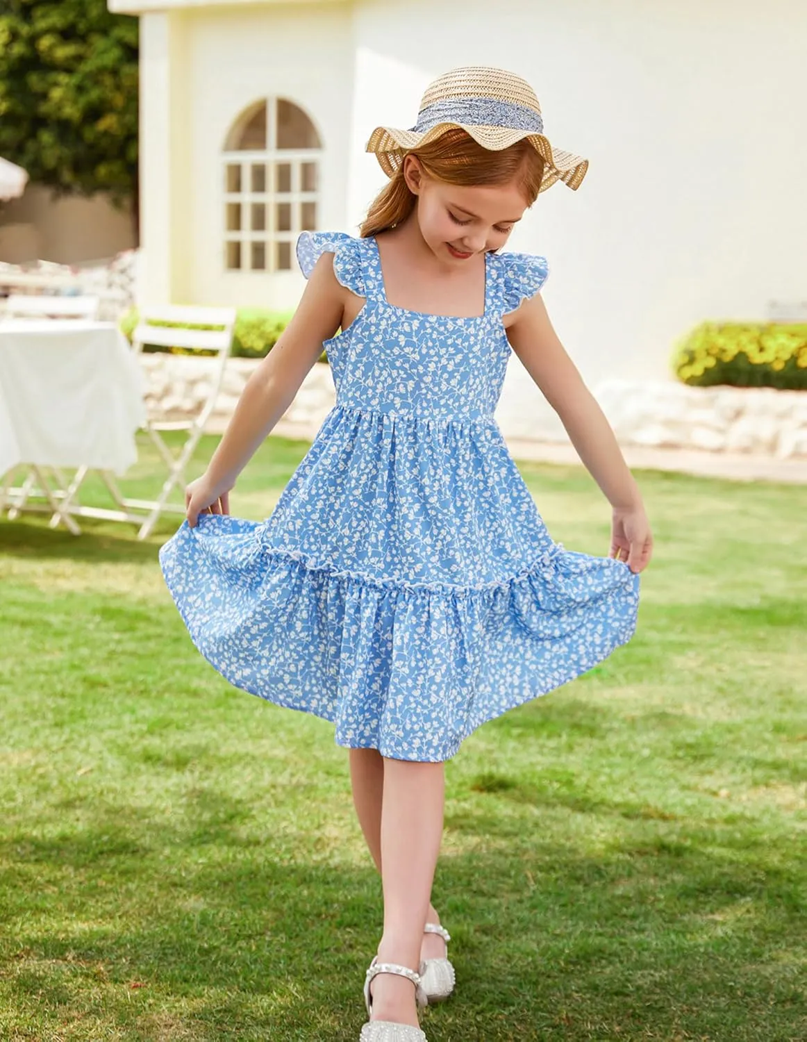 GRACE KARIN Girls Floral Dress Tie Back Flutter Sleeves Casual Summer Dress for 5-12Y