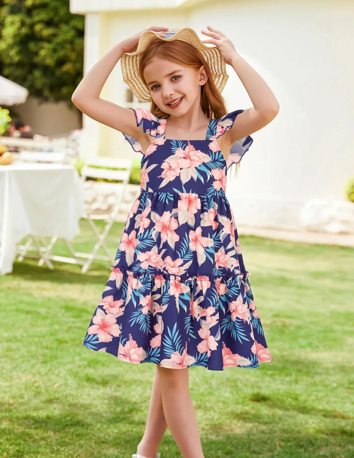 GRACE KARIN Girls Floral Dress Tie Back Flutter Sleeves Casual Summer Dress for 5-12Y