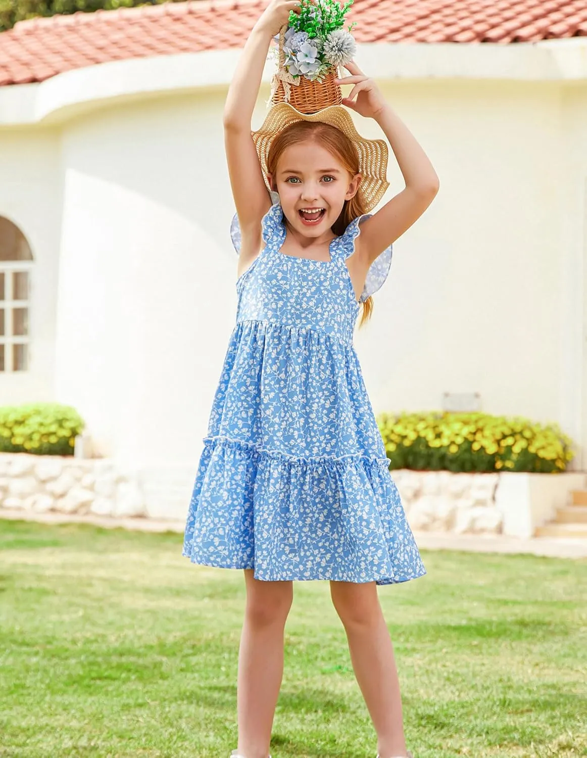 GRACE KARIN Girls Floral Dress Tie Back Flutter Sleeves Casual Summer Dress for 5-12Y