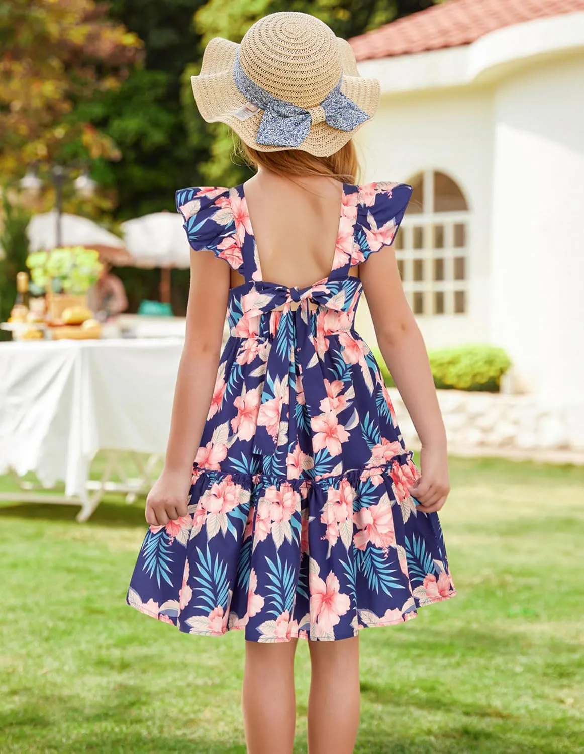 GRACE KARIN Girls Floral Dress Tie Back Flutter Sleeves Casual Summer Dress for 5-12Y