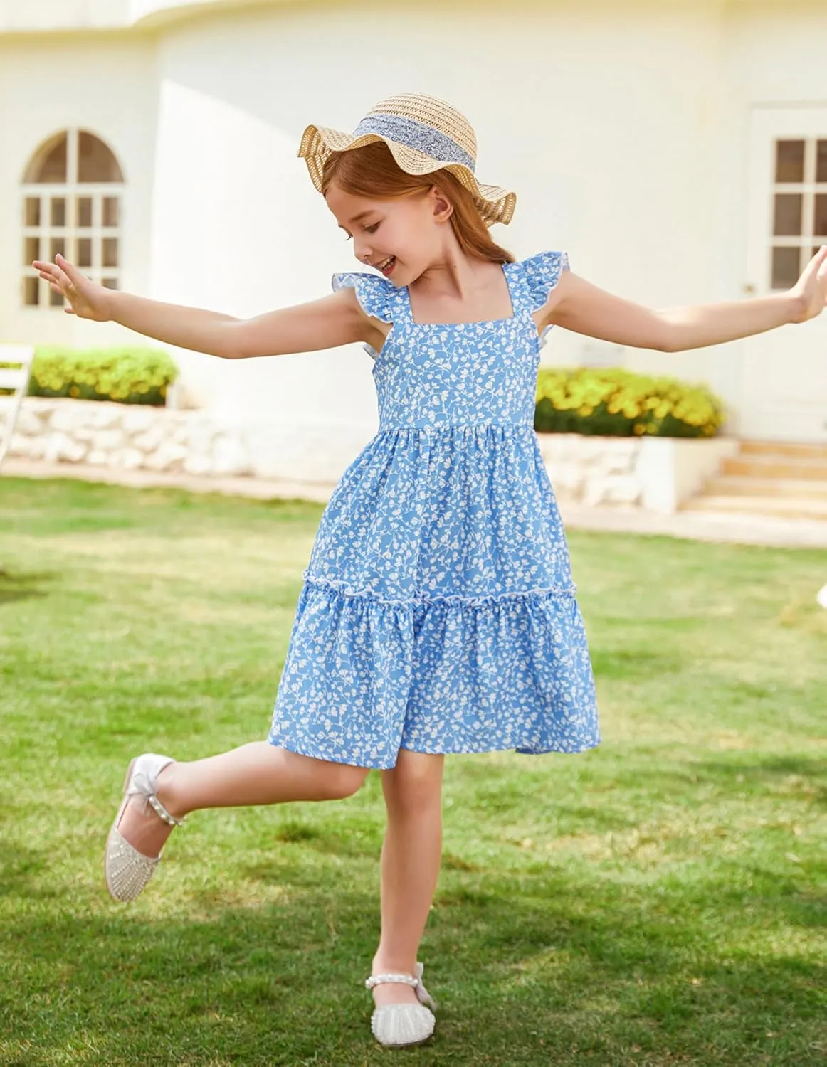 GRACE KARIN Girls Floral Dress Tie Back Flutter Sleeves Casual Summer Dress for 5-12Y