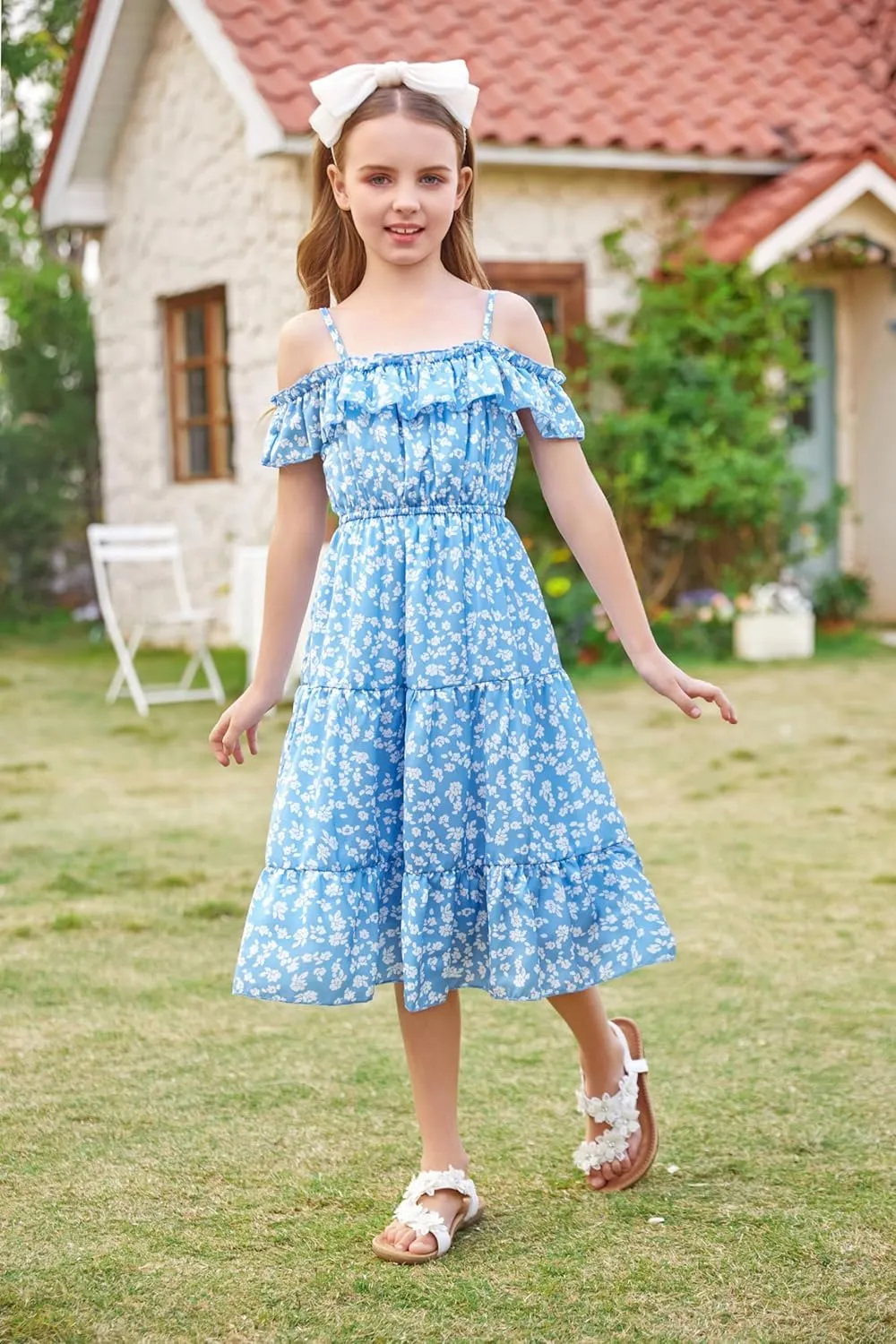 GRACE KARIN Girls Summer Dress Off Shoulder Ruffle Floral Spaghetti Strap Casual Sundress Tiered Midi Dress