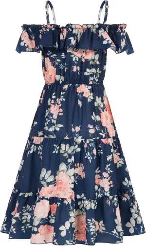 GRACE KARIN Girls Summer Dress Off Shoulder Ruffle Floral Spaghetti Strap Casual Sundress Tiered Midi Dress