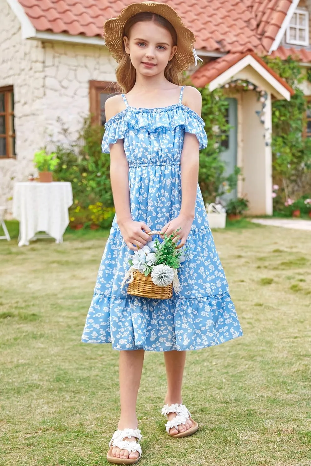 GRACE KARIN Girls Summer Dress Off Shoulder Ruffle Floral Spaghetti Strap Casual Sundress Tiered Midi Dress