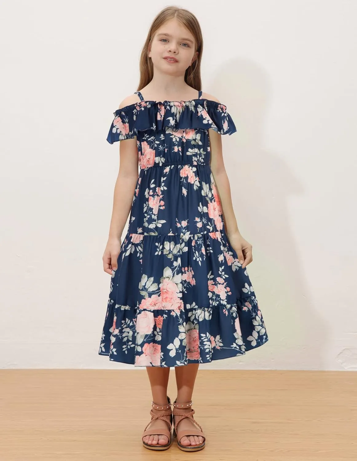 GRACE KARIN Girls Summer Dress Off Shoulder Ruffle Floral Spaghetti Strap Casual Sundress Tiered Midi Dress