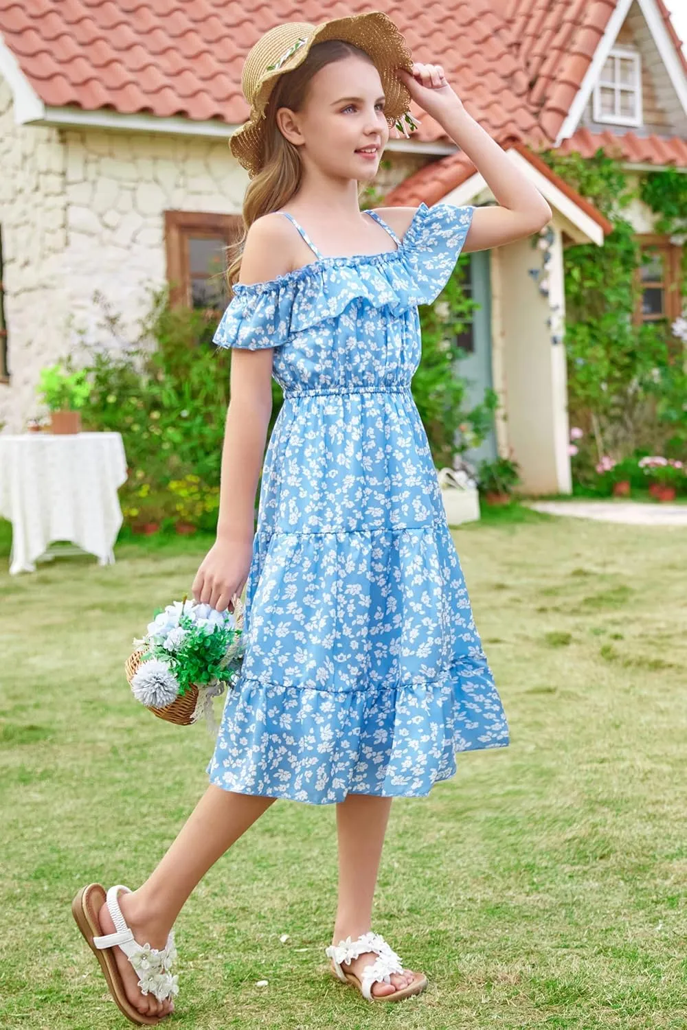 GRACE KARIN Girls Summer Dress Off Shoulder Ruffle Floral Spaghetti Strap Casual Sundress Tiered Midi Dress