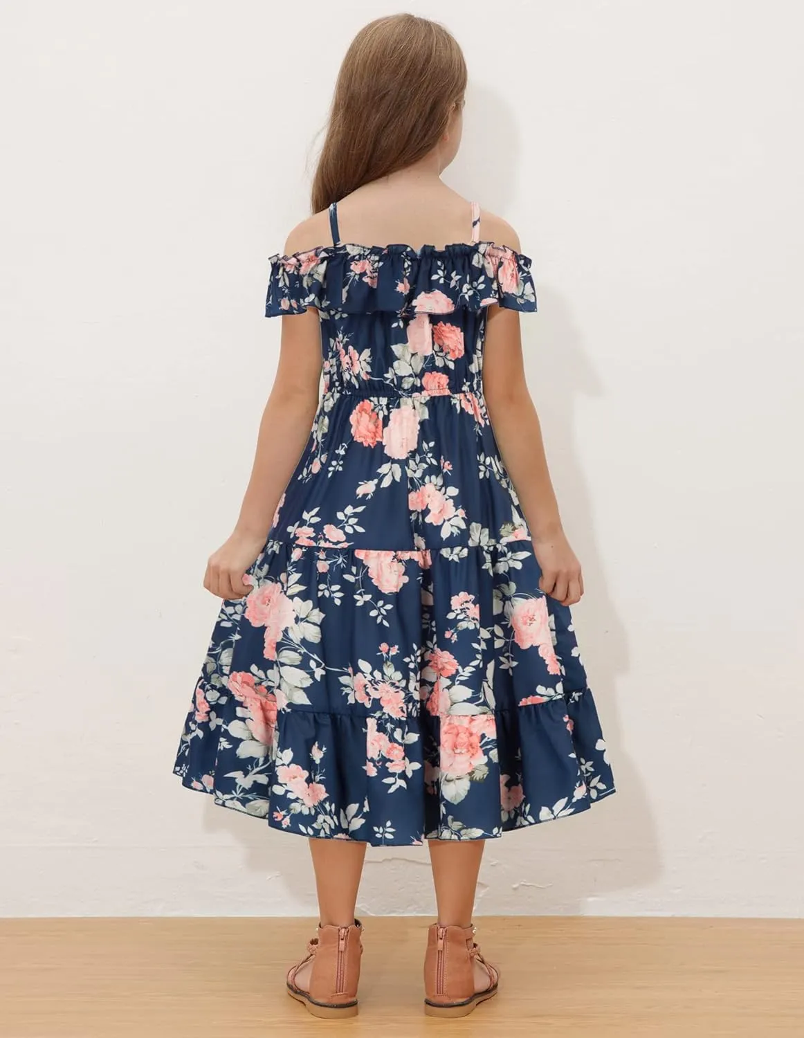 GRACE KARIN Girls Summer Dress Off Shoulder Ruffle Floral Spaghetti Strap Casual Sundress Tiered Midi Dress