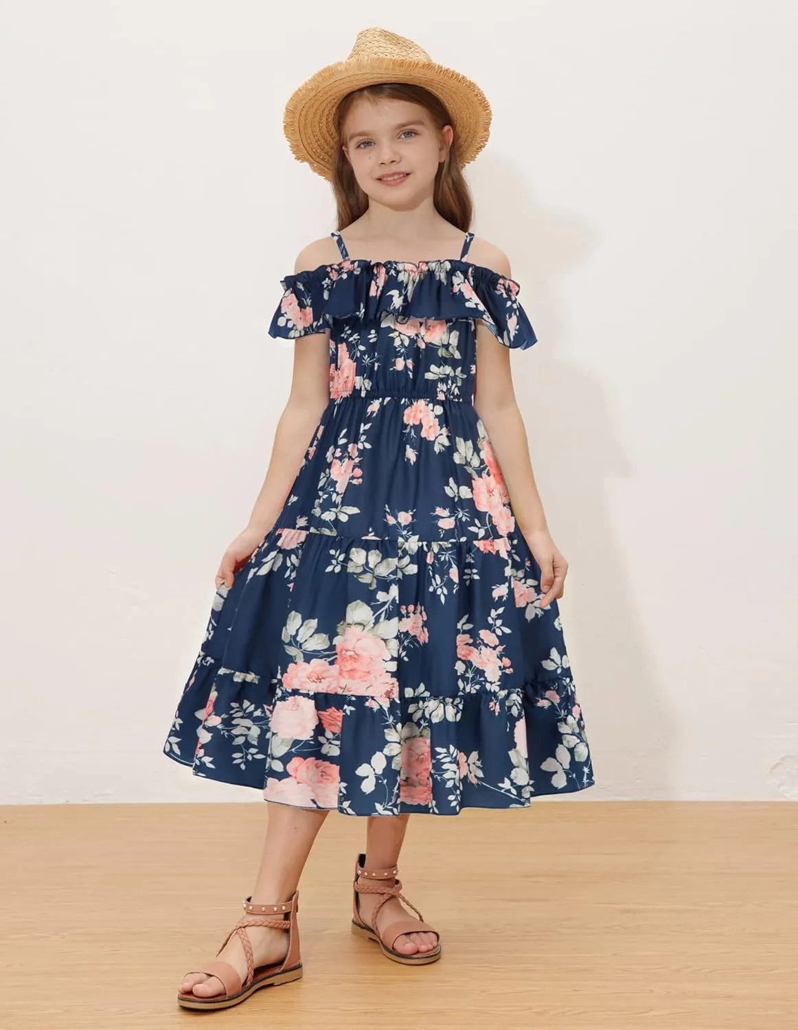 GRACE KARIN Girls Summer Dress Off Shoulder Ruffle Floral Spaghetti Strap Casual Sundress Tiered Midi Dress