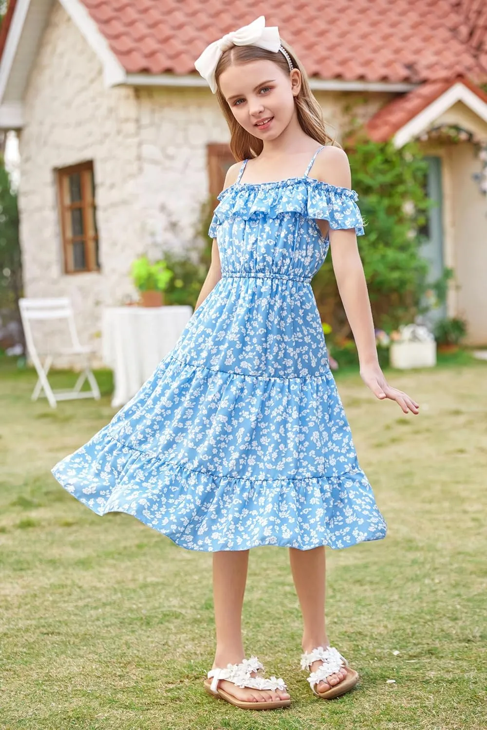 GRACE KARIN Girls Summer Dress Off Shoulder Ruffle Floral Spaghetti Strap Casual Sundress Tiered Midi Dress