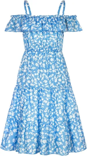 GRACE KARIN Girls Summer Dress Off Shoulder Ruffle Floral Spaghetti Strap Casual Sundress Tiered Midi Dress