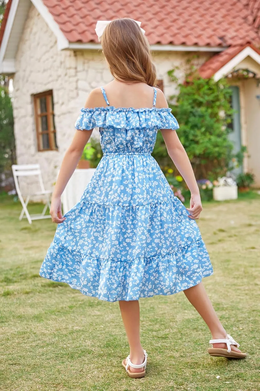 GRACE KARIN Girls Summer Dress Off Shoulder Ruffle Floral Spaghetti Strap Casual Sundress Tiered Midi Dress