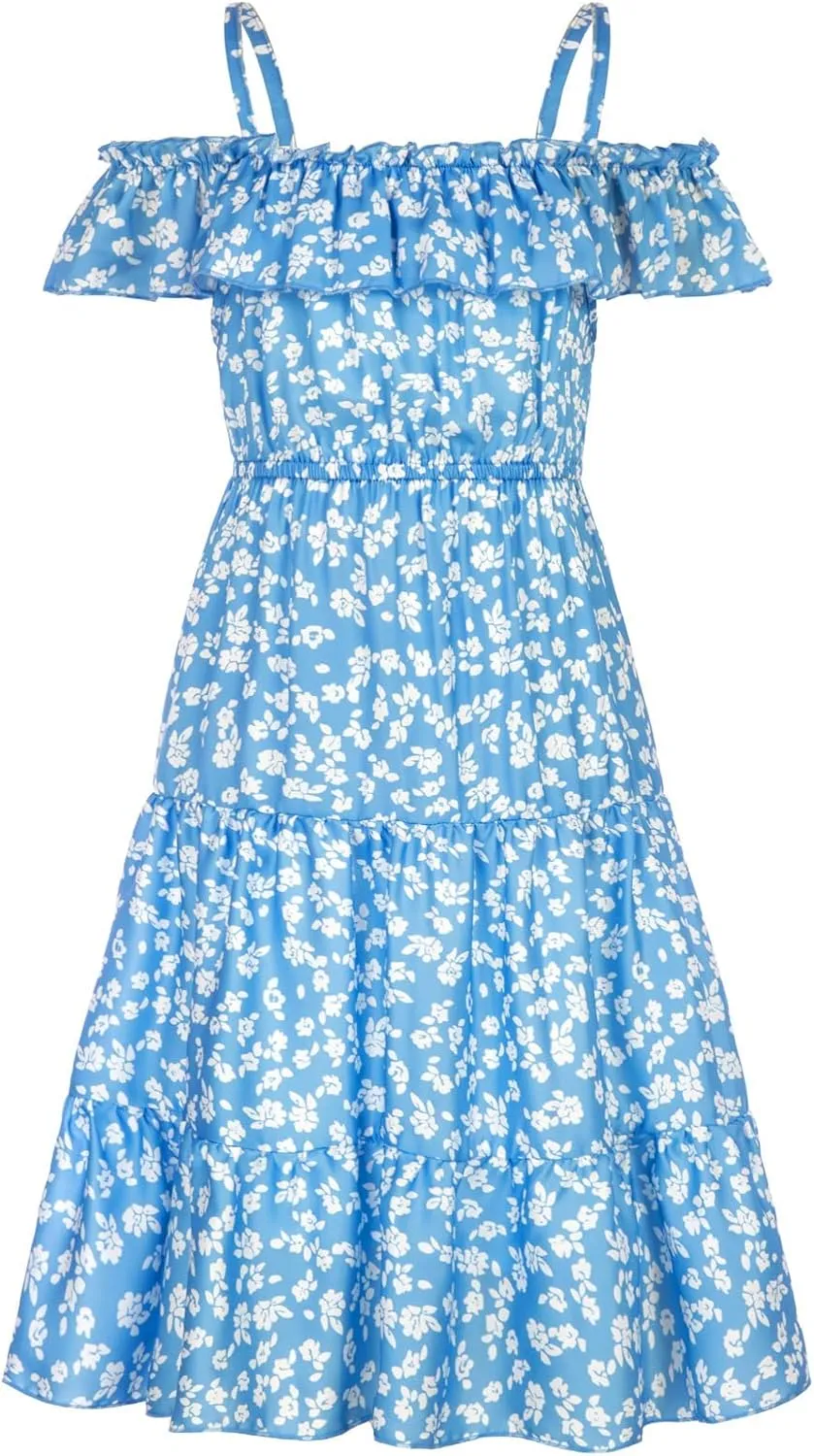 GRACE KARIN Girls Summer Dress Off Shoulder Ruffle Floral Spaghetti Strap Casual Sundress Tiered Midi Dress